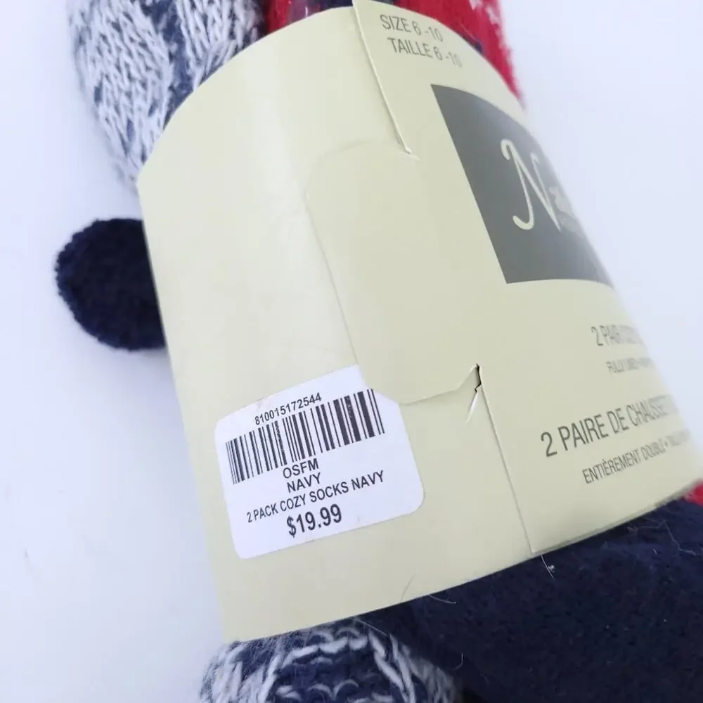New Natural Reflections 2 Pairs Cozy Socks, Lined, Gripper Bottom, Reindeer 6-10